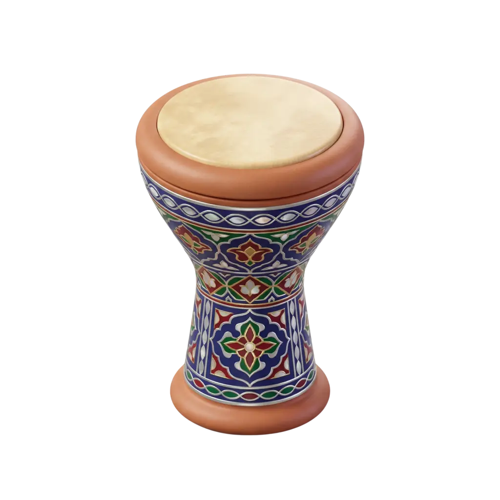 3D render of a darbeke drum with a goblet-shaped glazed ceramic body decorated in blue, green and red geometric floral motifs, a natural tan leather drumhead and brown leather rim, glossy finish, isolated on a black background.