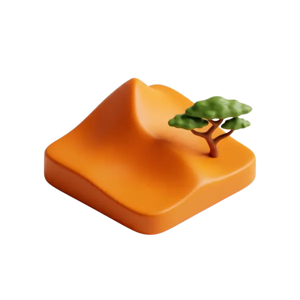 3D render of a stylized orange desert dune block with smooth rounded matte finish and a small simplified green tree, isolated on a black background.