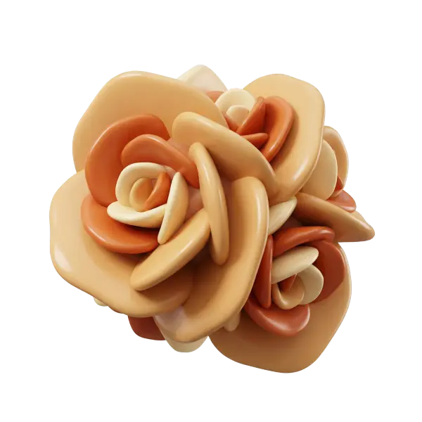 3D render of a stylized desert rose sculpture made of layered smooth petals in warm beige and terracotta tones with a glossy ceramic-like finish, isolated on a transparent background.