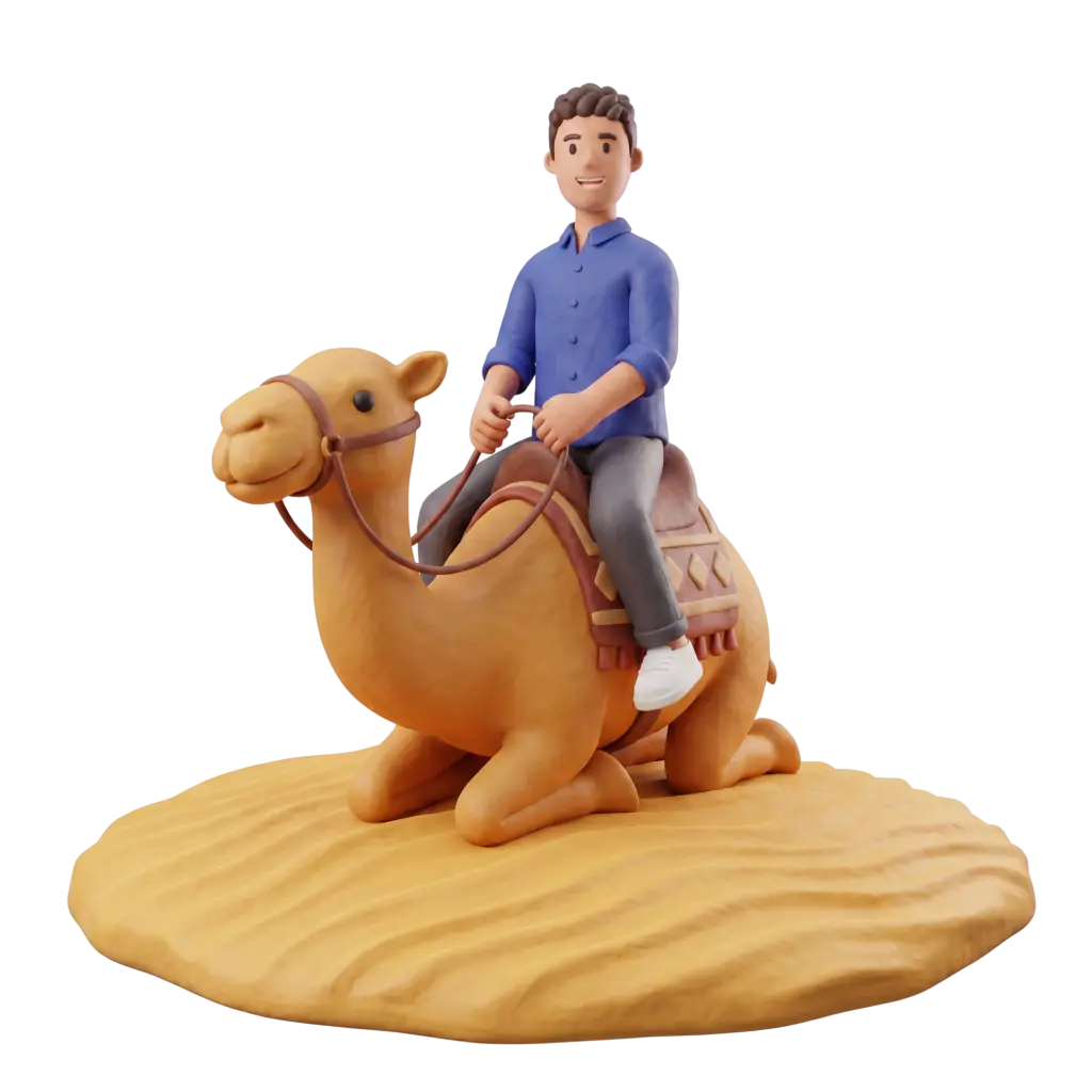 Full-body 3D scene of a single male character in a blue shirt and grey pants riding a saddled camel with leather reins on a stylized sand dune, isolated on a black background.