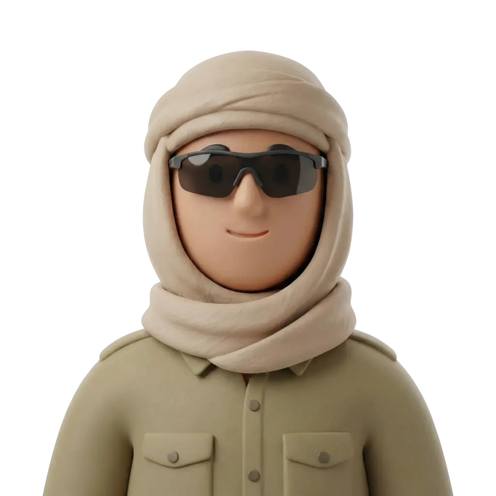 3D portrait bust of a male desert trekker wearing a beige wrapped headscarf, dark wrap-around sunglasses, and a khaki field jacket with buttoned chest pockets. Neutral smile, forward-facing pose, isolated on a black background.
