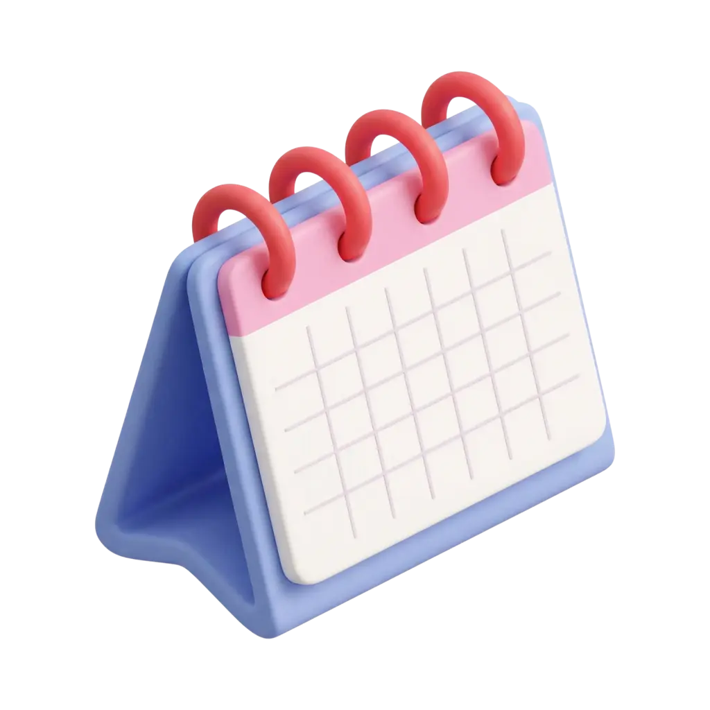 3D render of a small triangular desk calendar with pink coil rings, a white grid page and a blue stand, rendered with a smooth matte plastic finish on a black background.