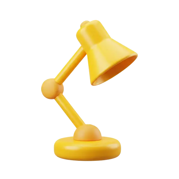 3D render of a yellow adjustable desk lamp with articulated joints, a rounded weighted base, and smooth glossy plastic finish. Isolated on a transparent background.