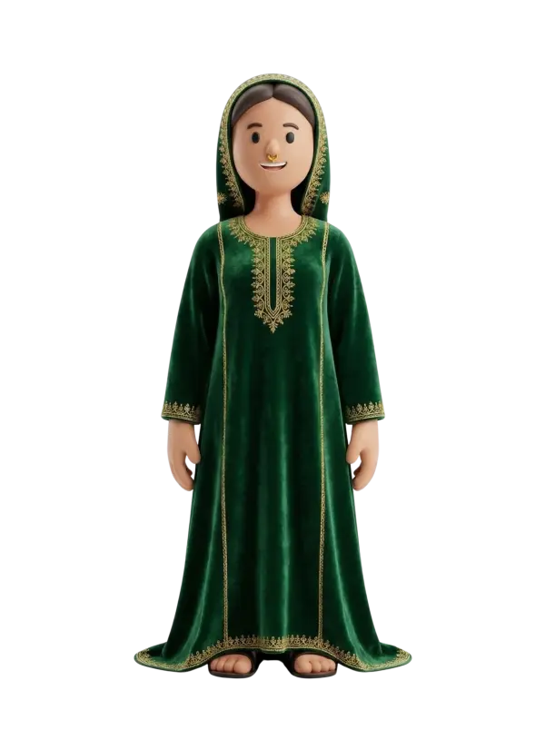 Full-body 3D character of a Dhofari woman wearing a green velvet embroidered dress and matching headscarf, with a small gold nose ring, sandals, smiling expression and arms at her sides against a black isolated background.