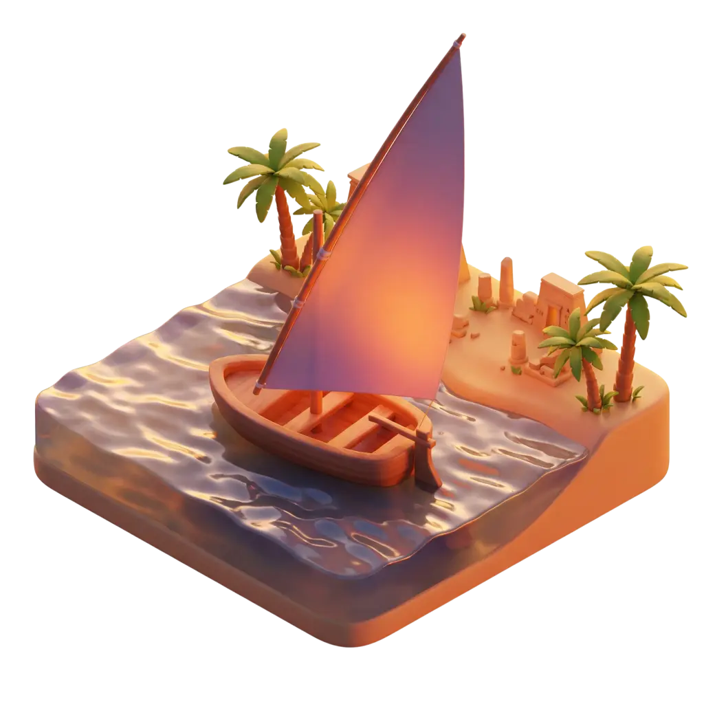 3D render of a stylized wooden dhow with a single triangular fabric sail, warm sunset lighting, glossy reflective water, and a small sandy islet with palm trees and ruin-like stones; isolated on a transparent background.