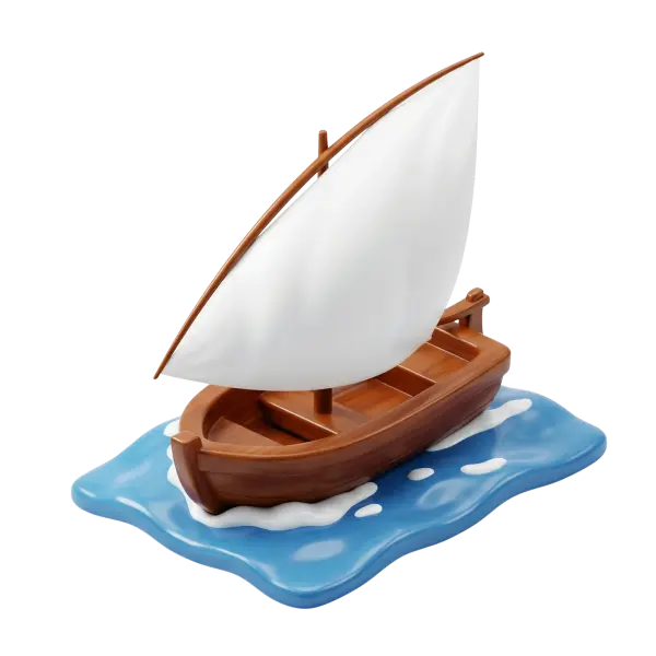 3D render of a stylized wooden dhow boat with a single curved white sail, polished glossy wood hull and simple deck seating, sitting on a glossy blue water base with white foam accents. Isolated transparent background.