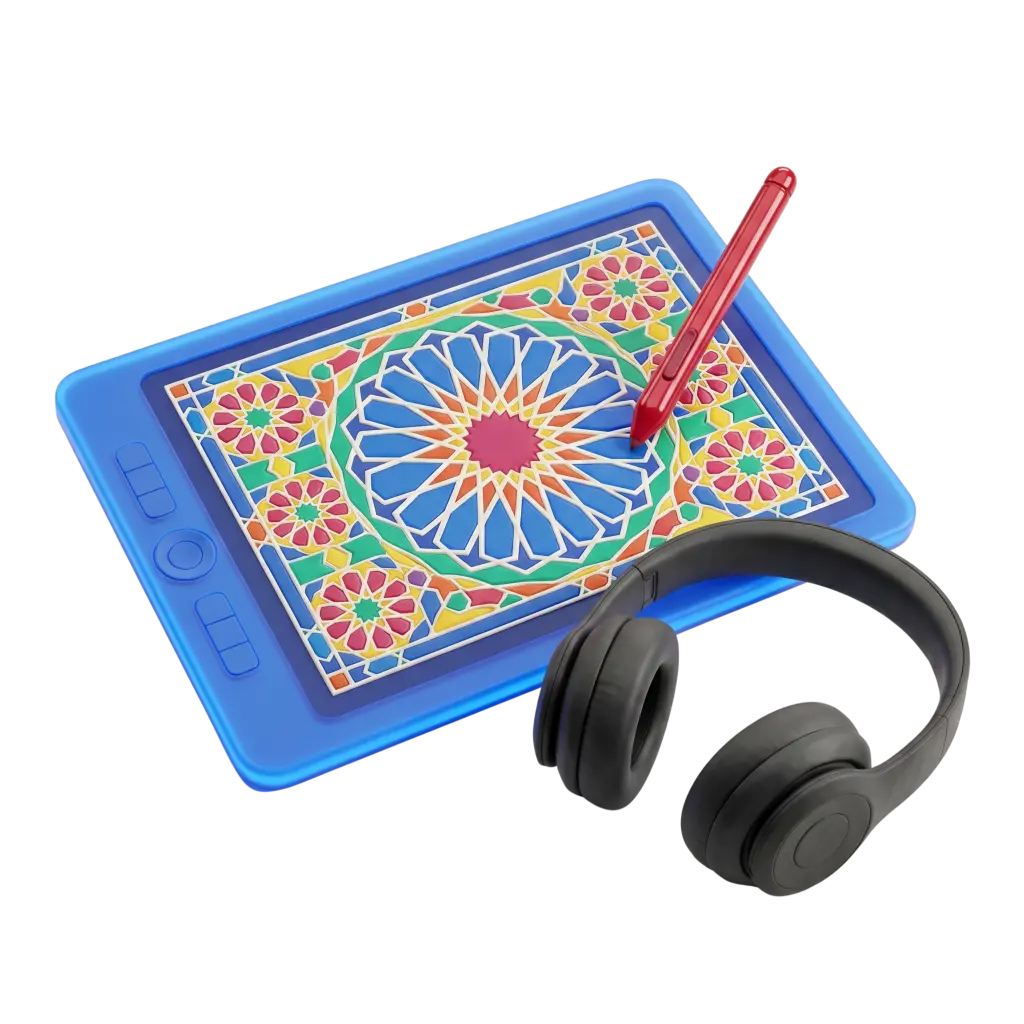 3D render of a blue digital drawing tablet with a colorful raised arabesque mosaic on its screen, a glossy red stylus pen resting on the surface and matte black over‑ear headphones partially visible on a transparent background.