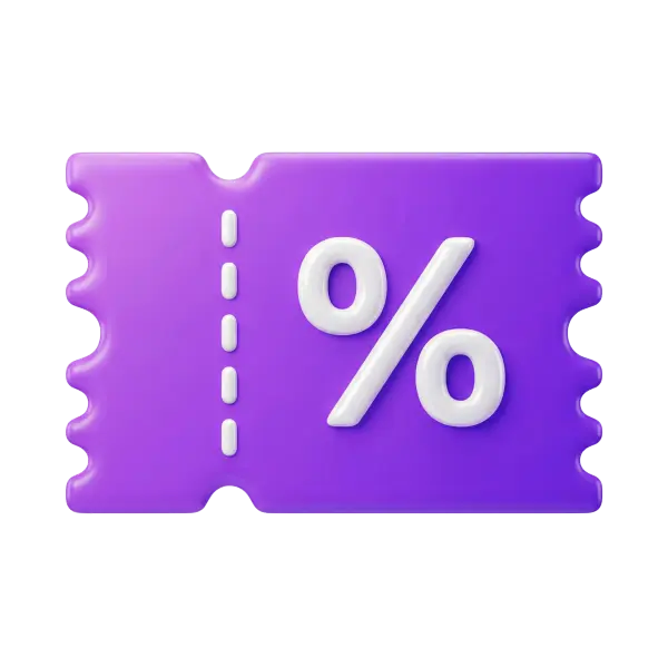 3D render of a purple ticket-shaped discount coupon with notched edges, glossy plastic finish, a white raised percent (%) symbol and a dotted perforation line, on a transparent background.