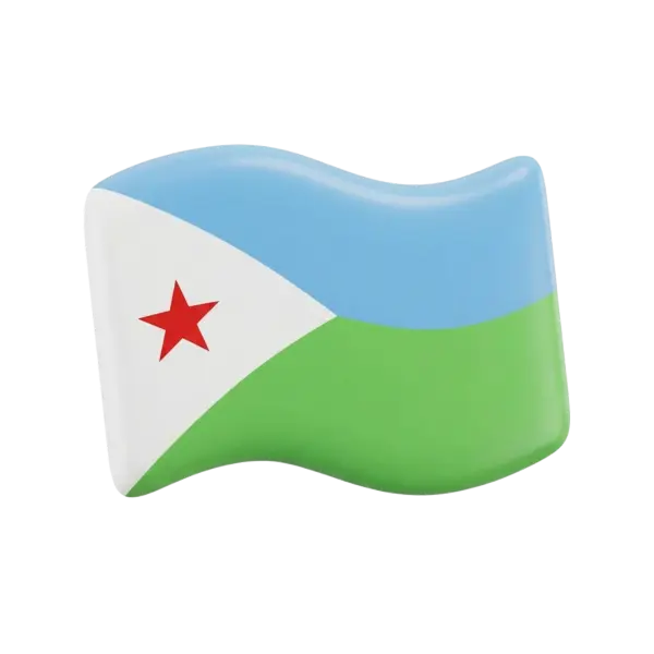 3D render of a wavy Djibouti flag with glossy plastic-like finish showing sky-blue and green fields, a white triangle and a red star, isolated on a transparent background.