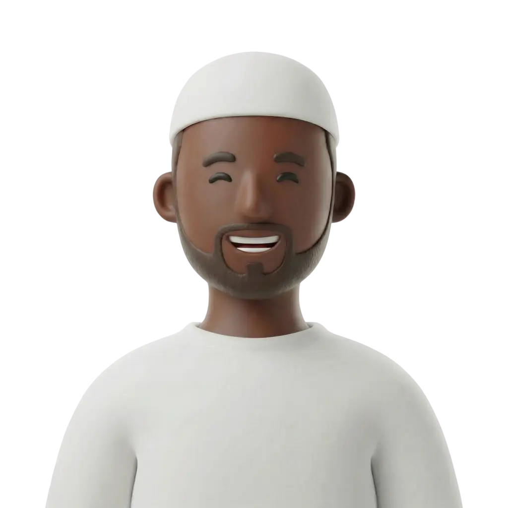 3D portrait bust of a smiling Djiboutian man wearing a white taqiyah and a plain white top, with a short trimmed beard, closed happy eyes and a warm grin against a dark isolated background.
