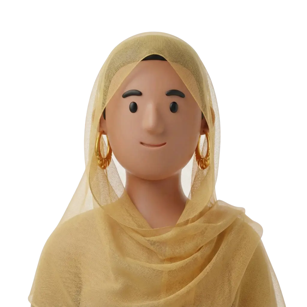 3D portrait bust of a Djiboutian woman wearing a sheer golden headscarf draped over her shoulders and large textured gold hoop earrings, with simple stylized eyebrows and a soft smile. Front-facing pose on a solid black background, isolated and evenly lit.