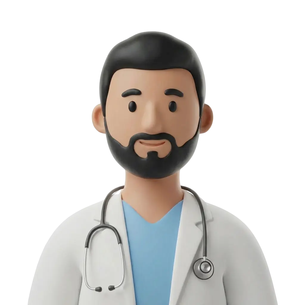 3D portrait bust of a male doctor wearing a white lab coat and light blue scrub top, with a black stethoscope around his neck, short black hair and a full black beard, neutral friendly expression, facing forward against a solid black background.