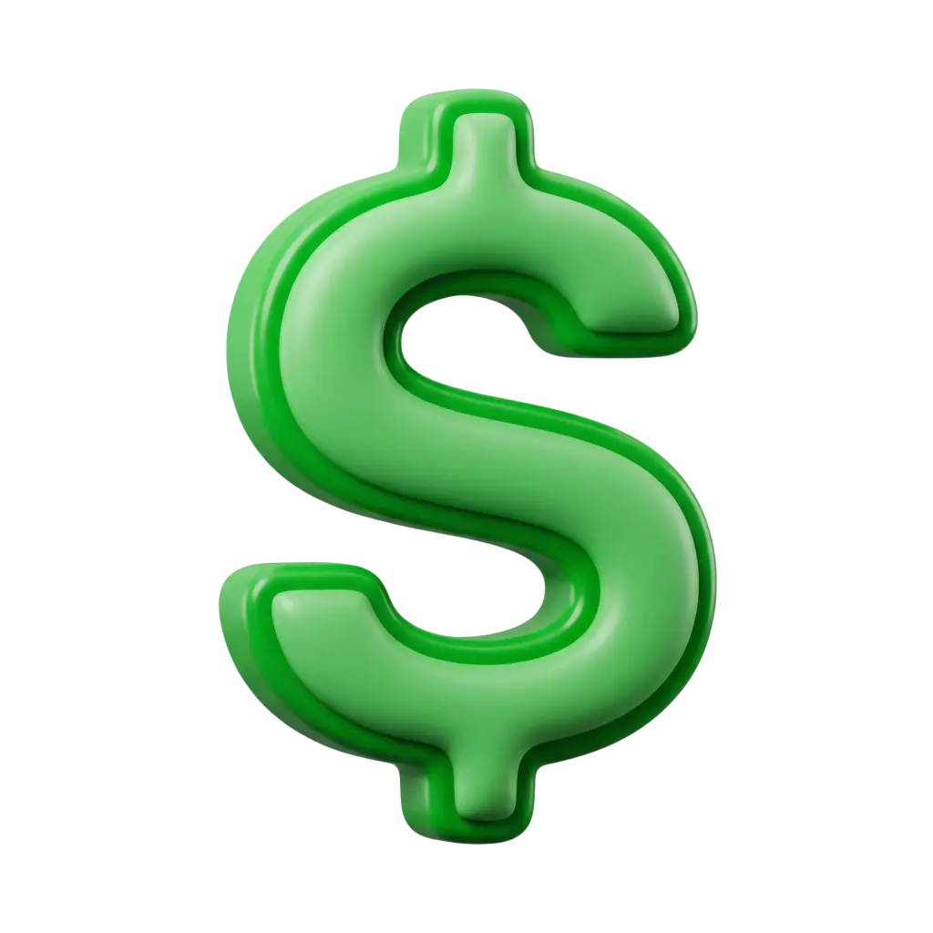 3D render of a glossy green dollar sign with a smooth, rounded, balloon-like shape and a plastic-like finish, isolated on a transparent background. Bright highlights and soft shadows emphasize its volume and depth.