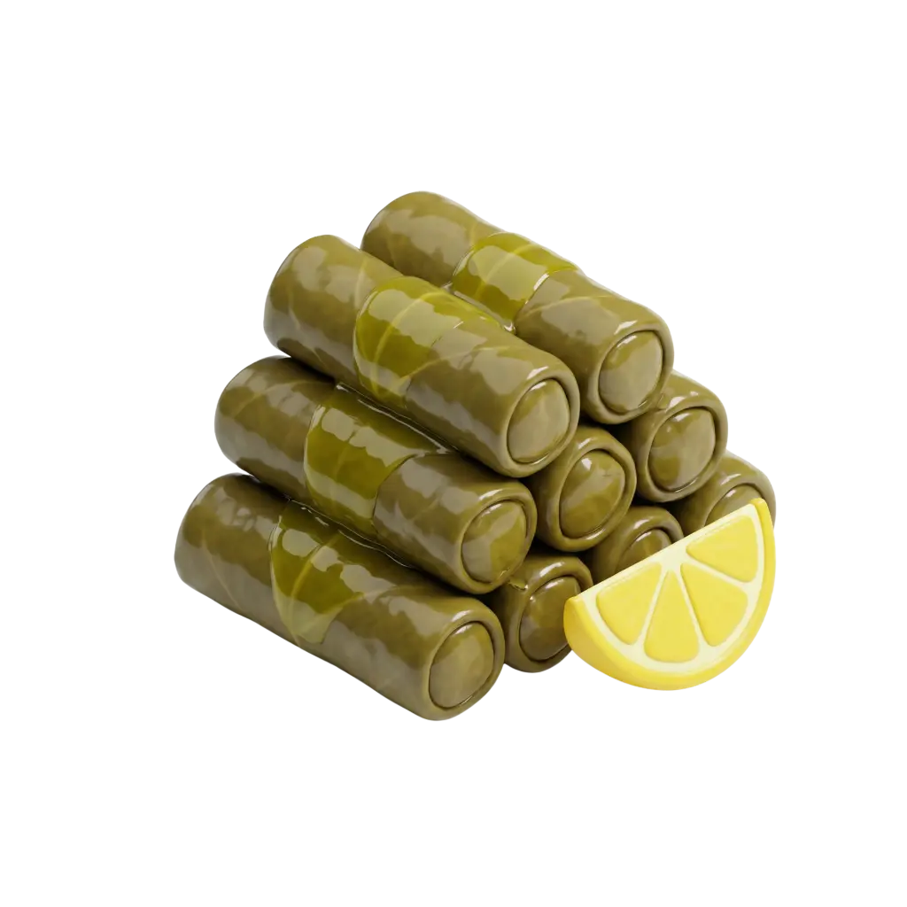 3D render of a stack of glossy green rolled grape leaves (dolma) arranged in a pyramid with a bright yellow lemon wedge at the front on a black background. The leaves look shiny and oily with smooth, cylindrical rolls and an isolated backdrop.