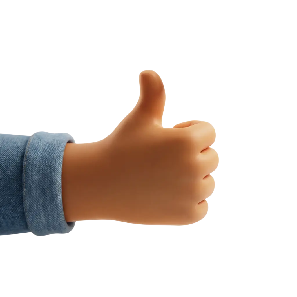 3D render of a stylized thumbs-up hand with a warm skin tone, smooth matte plastic-like finish and rounded cartoon proportions, wearing a blue denim sleeve cuff. Isolated on a transparent background.