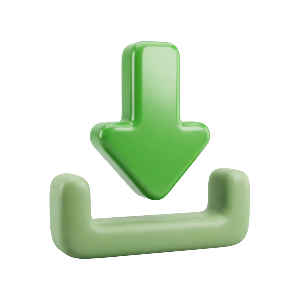 3D render of a glossy green downward arrow hovering above a rounded U-shaped pastel-green base; both pieces have smooth, rounded edges and are isolated on a transparent background.