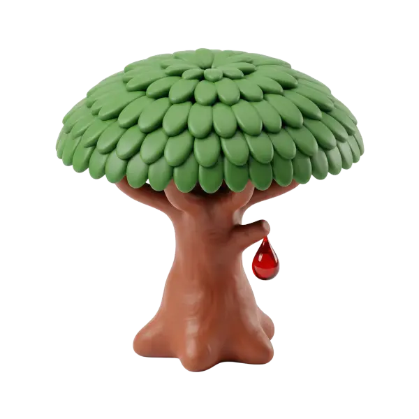 3D render of a stylized Dragon Blood Tree with a layered petal-like green canopy, smooth matte brown trunk, and a glossy red resin droplet hanging from a branch, isolated on a transparent background.
