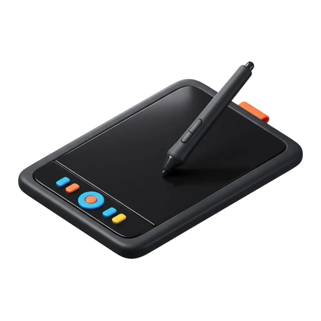 3D render of a compact black drawing tablet with a matte active surface, rounded rectangular frame, colorful shortcut buttons on one edge, and a matching matte stylus with side buttons; isolated on a transparent background.