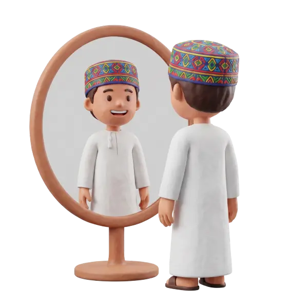 Full-body 3D scene of a young boy wearing a white thobe and a colorful embroidered cap smiling as he checks his reflection in a wooden freestanding mirror. The scene is a stylized, clay-like render with a light grey mirror background and isolated transparent surrounding.
