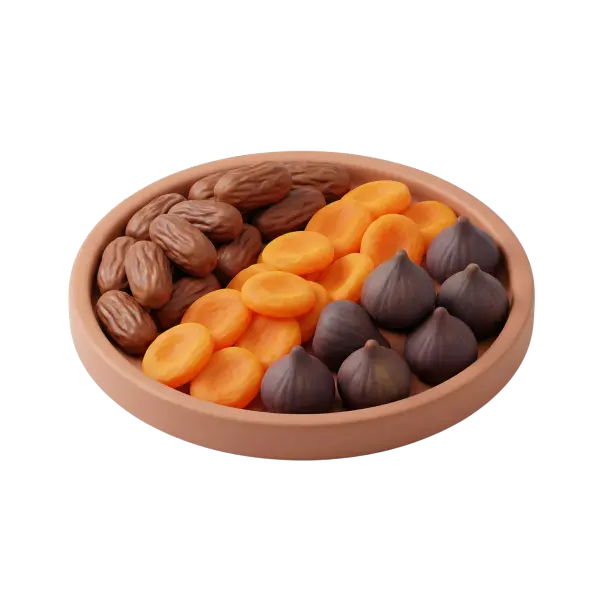 Top-down shot of a terracotta platter holding three sections of dried fruits: wrinkled brown dates, bright orange dried apricot halves, and dark purple dried figs, isolated on a black background.