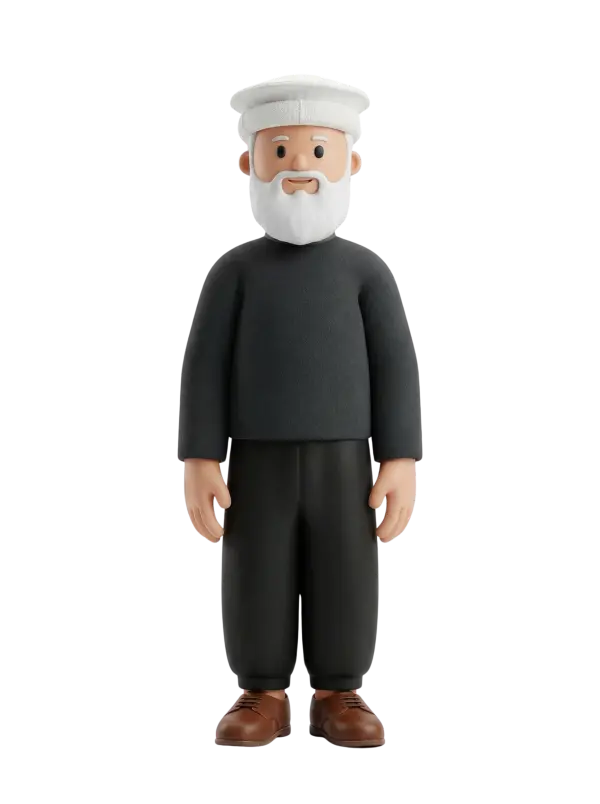 Full-body 3D character of an elderly Druze man wearing a white cap, dark long-sleeve top and loose black trousers, with a full white beard and brown shoes. He stands upright with a gentle smile and neutral pose on an isolated dark background.
