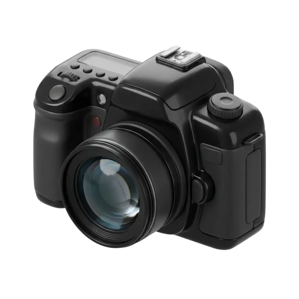 3D render of a black DSLR camera with a large glossy glass lens, matte plastic body, tactile buttons, dials and a hotshoe mount, shown as an isolated render on a transparent background.