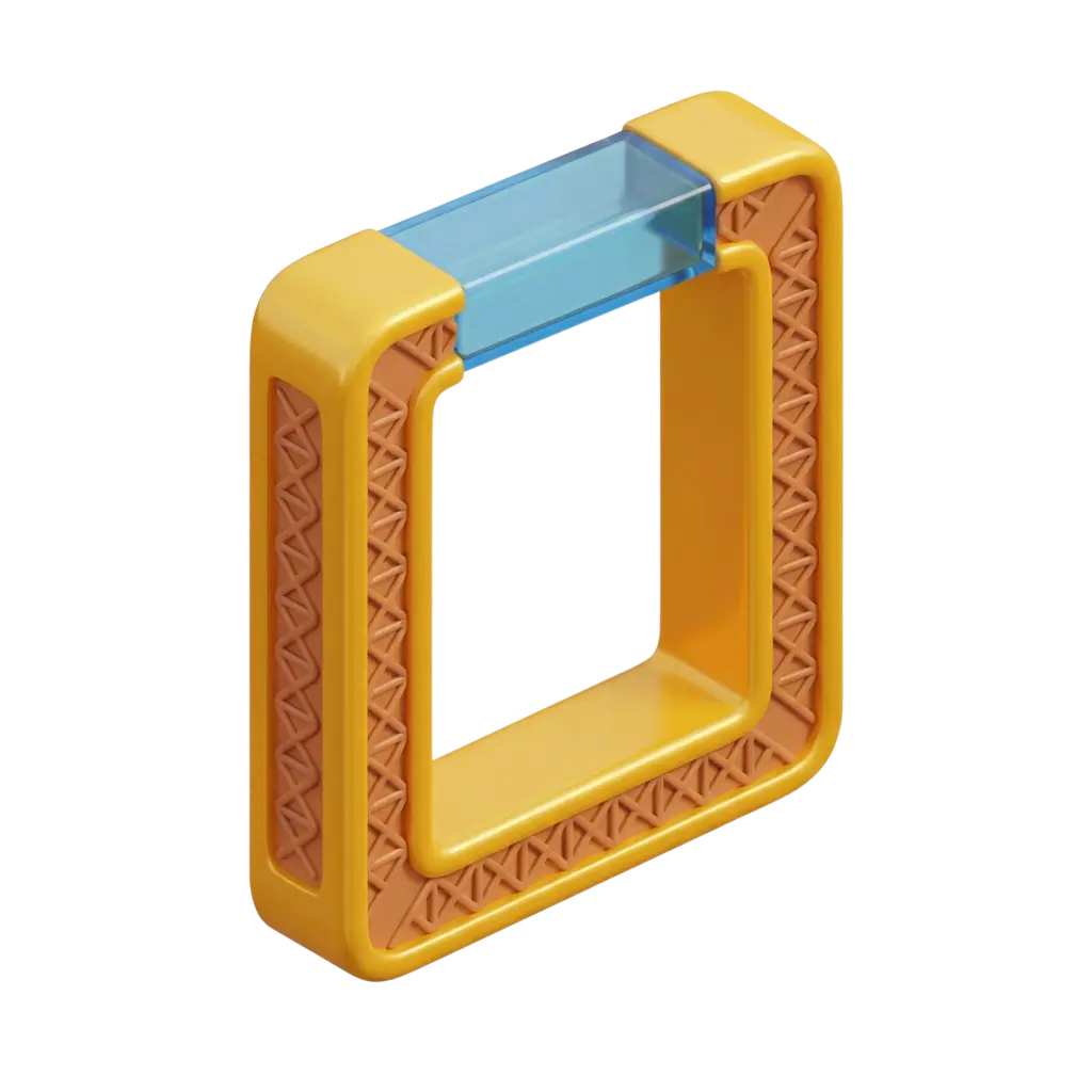 3D render of the Dubai Frame: rectangular golden-yellow frame with rounded corners, textured terracotta inner trim and a translucent blue glass top piece, glossy finish. Isolated on a black background.