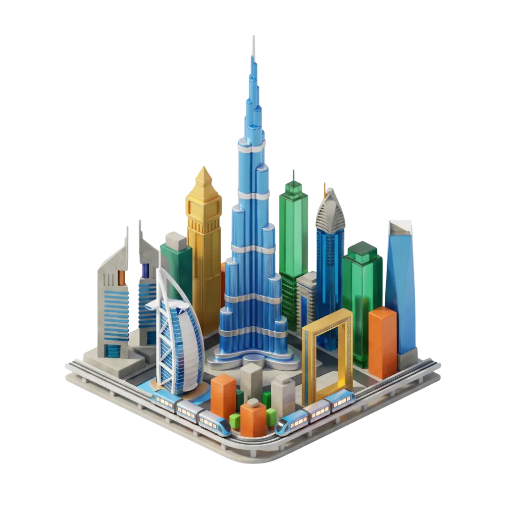 3D render of a stylized Dubai city block featuring the Burj Khalifa, Burj Al Arab, Dubai Frame and surrounding towers; colorful glossy and metallic finishes with some translucent glass-like surfaces on a black isolated background.
