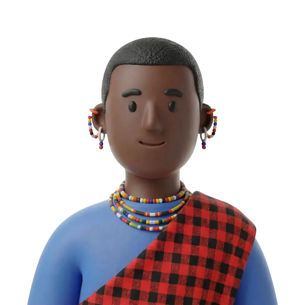 3D portrait bust of a young East African man with dark skin and short textured hair, wearing a blue top and a red-and-black checkered shawl over one shoulder. He has multiple colorful beaded necklaces and matching beaded hoop earrings, a gentle smile, and a plain black background.