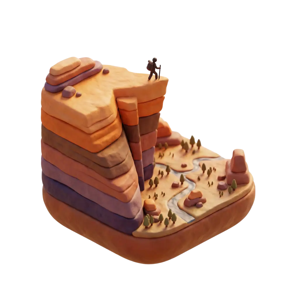 3D clay-style depiction of the Edge of the World (Jebel Fihrayn), showing a stacked sandstone plateau and sheer cliff with warm orange and purple strata, a winding stream and scattered small trees on the base. Isolated angled view with a lone hiker silhouette on the cliff edge, soft studio lighting and black background.