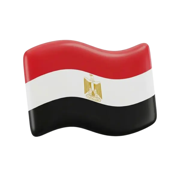 3D render of a glossy waving Egypt flag with horizontal red, white, and black bands and a gold Eagle of Saladin emblem at the center, smooth rounded inflated shape; isolated render on a black background.