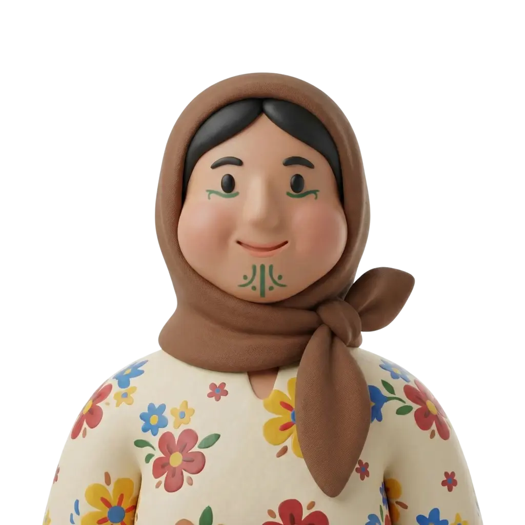 3D portrait bust of an Egyptian female farmer wearing a brown headscarf tied at the side and a cream floral dress, with green traditional facial tattoo markings under the eyes and on the chin, smiling softly against an isolated black background.