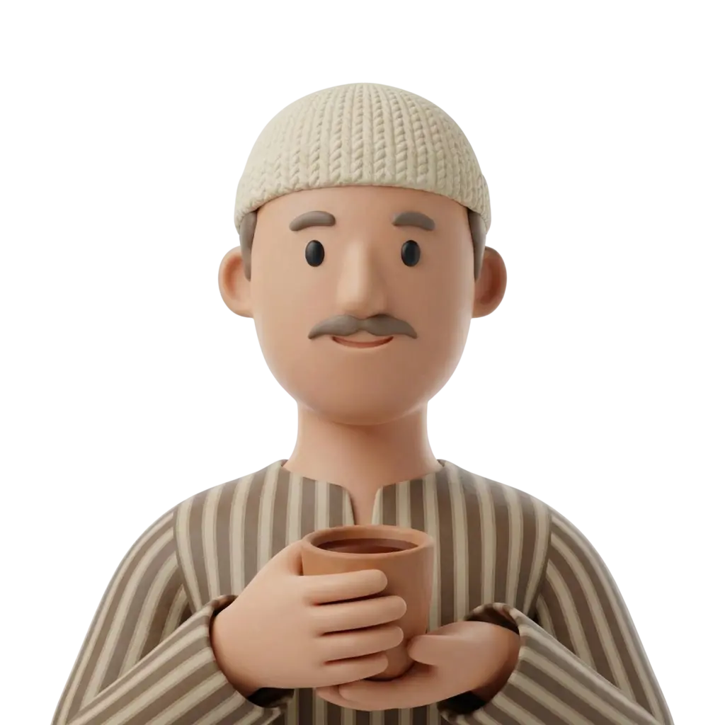 3D portrait bust of a male Egyptian farmer wearing a beige-and-brown striped galabeya and a cream knitted skullcap, with a small grey mustache and a gentle smile; he holds a clay cup with both hands against an isolated dark background.