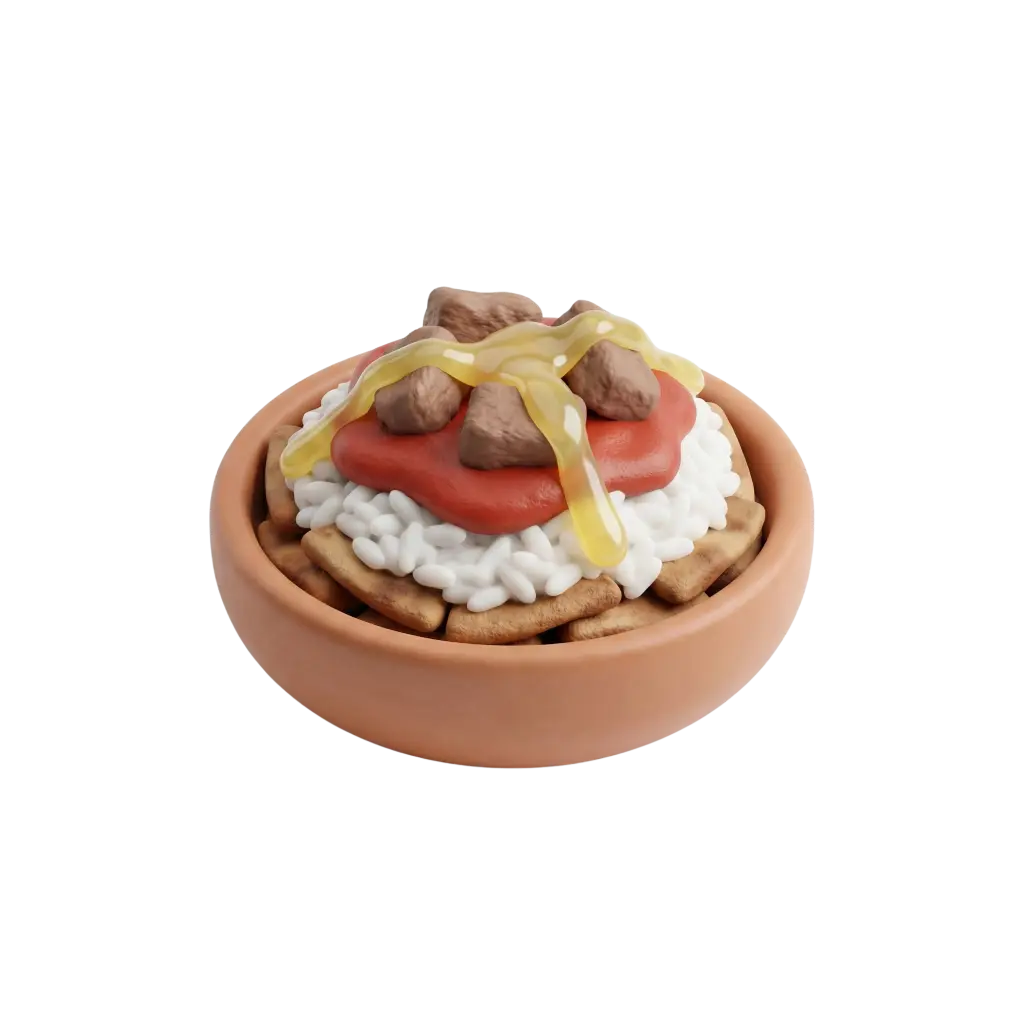 3D render of Egyptian Fattah in a shallow terracotta bowl showing toasted bread pieces, fluffy white rice, a dollop of red tomato sauce, small meat cubes and a glossy yellow drizzle on a black isolated background.