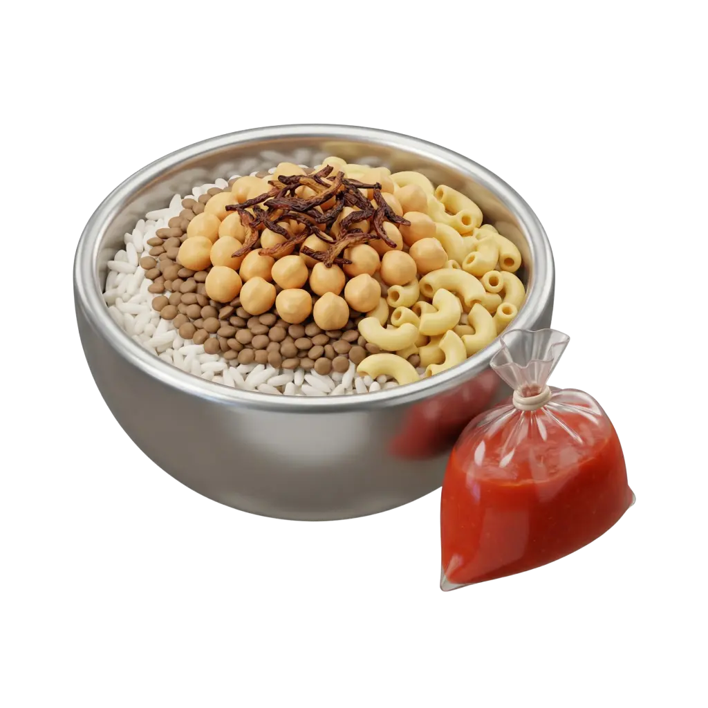 Top-down shot of a metal bowl filled with layers of white rice, brown lentils, cooked chickpeas, elbow macaroni and fried onion strips, next to a tied plastic bag of red tomato sauce on a black background.