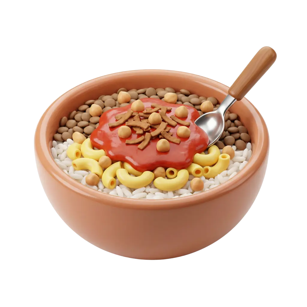 3D render of an Egyptian koshary bowl showing white rice, elbow macaroni, brown lentils, chickpeas, a pool of red tomato sauce topped with crispy fried onion strips, a metal spoon with a wooden handle in a terracotta bowl on a black isolated background.