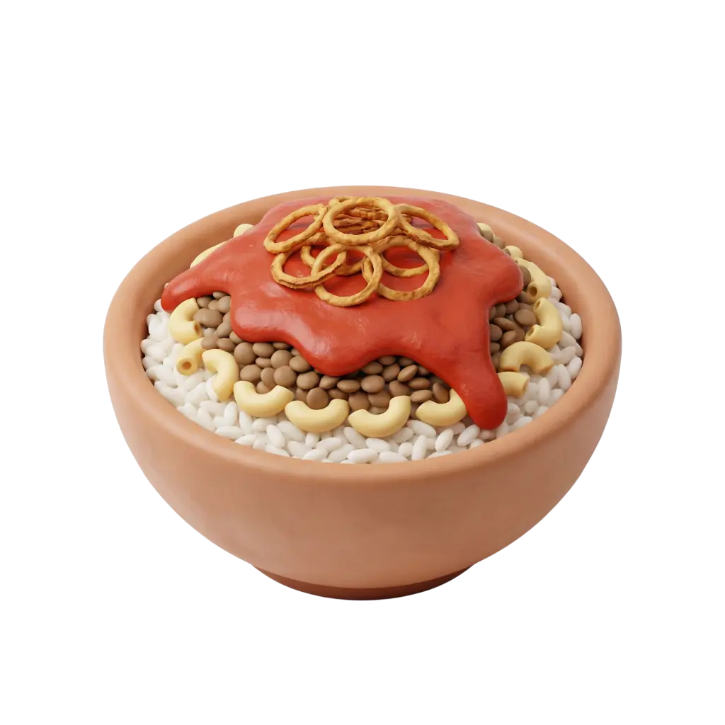 3D render of a terracotta bowl filled with koshary showing white rice, brown lentils, pale yellow elbow macaroni, red tomato sauce and golden fried onion rings against a black background.