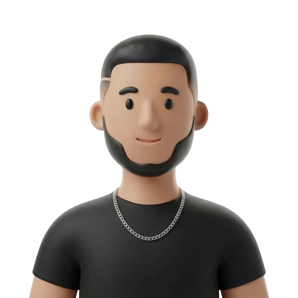 3D portrait bust of a young Egyptian man with short black hair and a neatly trimmed beard, wearing a black t-shirt and a silver chain necklace, smiling gently in a forward-facing pose against a plain black background.
