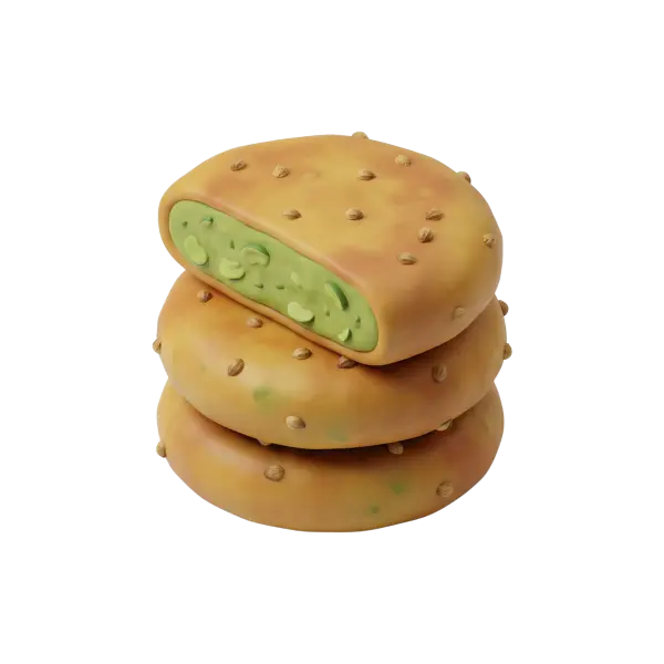 3D render of stacked Egyptian ta'ameya patties, one cut open to reveal a bright green fava-bean and herb filling with visible bean pieces; golden-brown exterior dotted with coriander seeds. Isolated on a black background.
