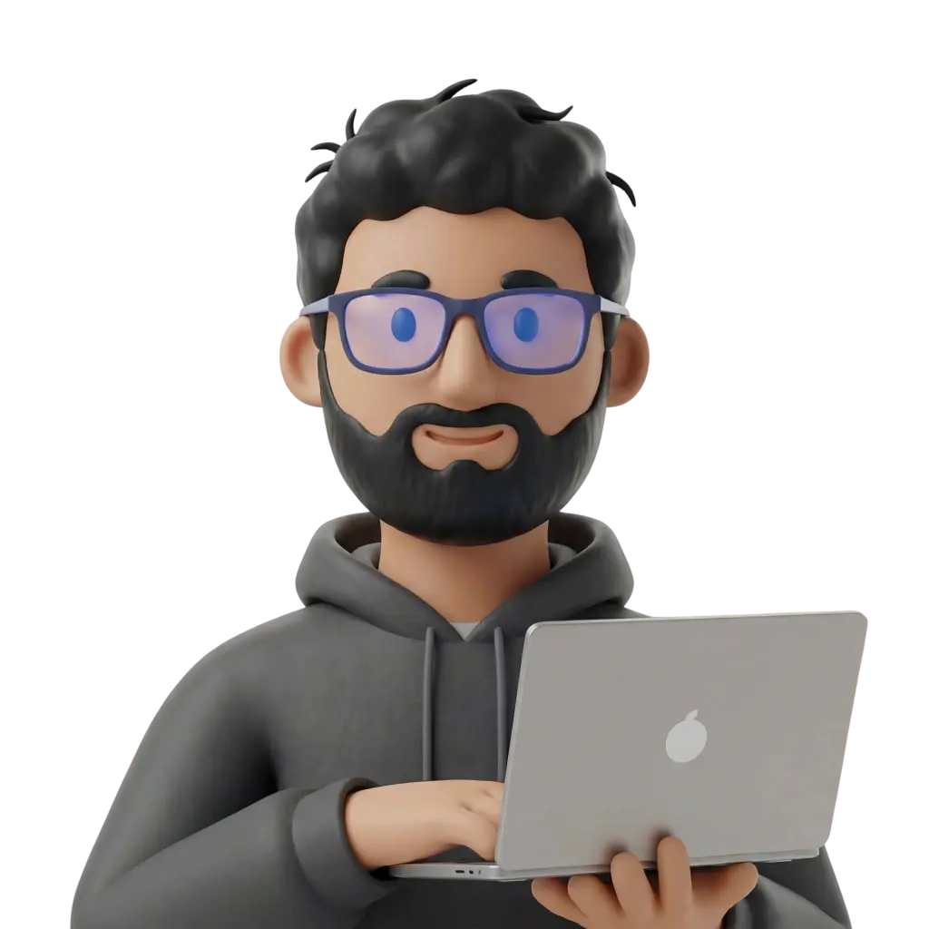 3D portrait bust of a male Egyptian tech developer wearing a dark gray hoodie, black curly hair and full beard, purple-framed glasses, holding a silver laptop while typing with a friendly smile, isolated on a dark transparent background.