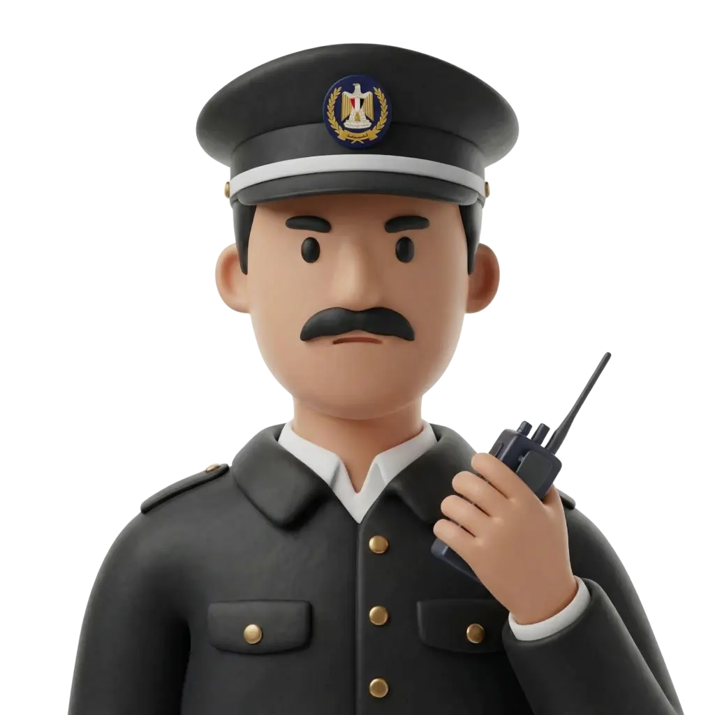 3D portrait bust of an Egyptian traffic officer wearing a dark peaked cap with the Egyptian emblem and a black uniform with brass buttons, holding a handheld radio and sporting a neat mustache. Neutral expression, upright pose, isolated on a dark background.
