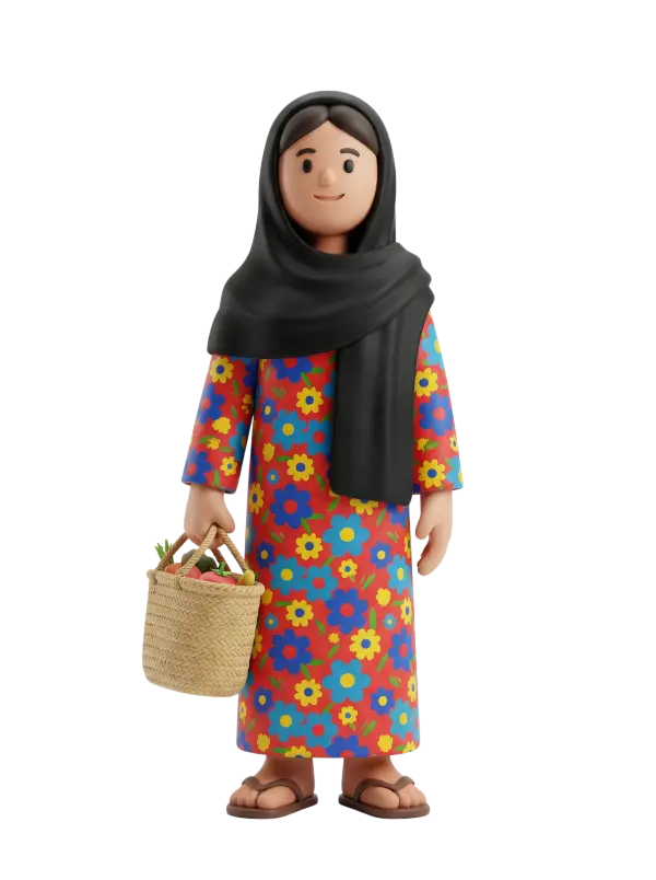 Full-body 3D character of a female Egyptian villager wearing a black headscarf and a red floral galabeya, holding a woven basket of produce, smiling in a relaxed standing pose against a plain black background.