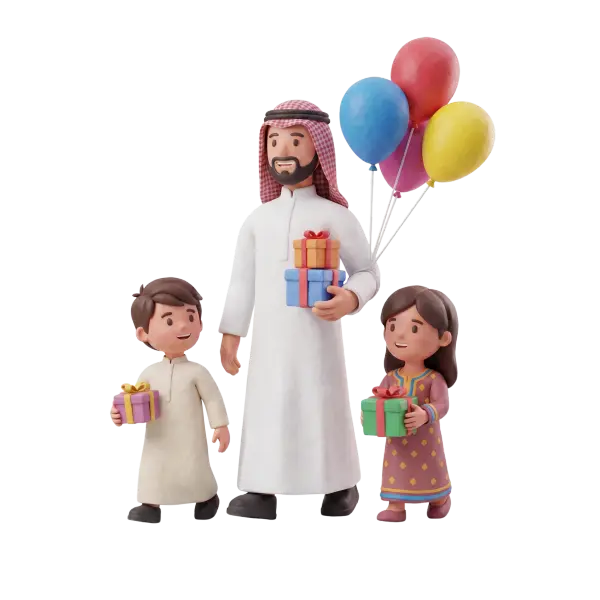 Full-body 3D scene of an adult Arab man in a white thobe and red-checkered ghutra holding stacked gift boxes and colorful balloons, flanked by two children (a boy in a traditional kandura and a girl in a patterned dress) each holding presents. Isolated render on a black background.