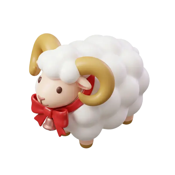 3D render of a stylized sheep with puffy white wool, smooth glossy plastic finish, golden curved horns, a red ribbon and small bell around its neck, shown on a transparent background.