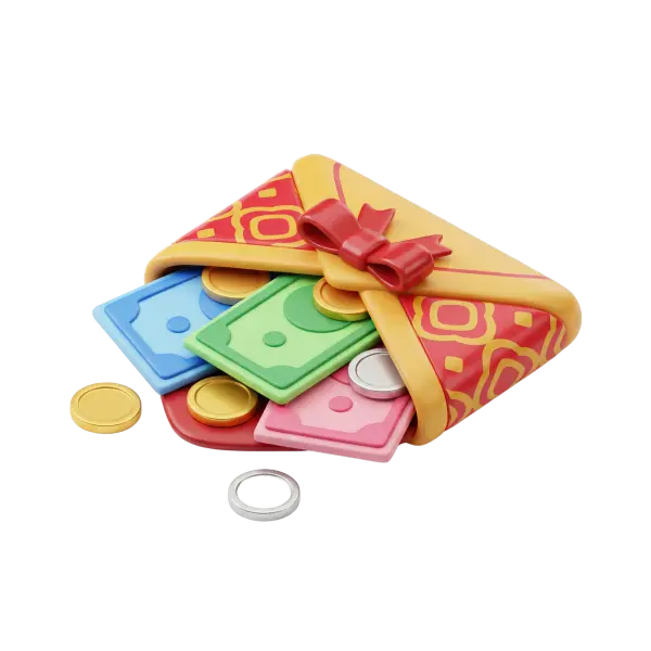 3D render of a colorful stylized Eidiya envelope folded with a red bow, spilling pastel banknotes (blue, green, pink) and gold and silver coins; materials appear glossy plastic with soft matte accents and decorative gold-red patterns. Isolated on a black background.