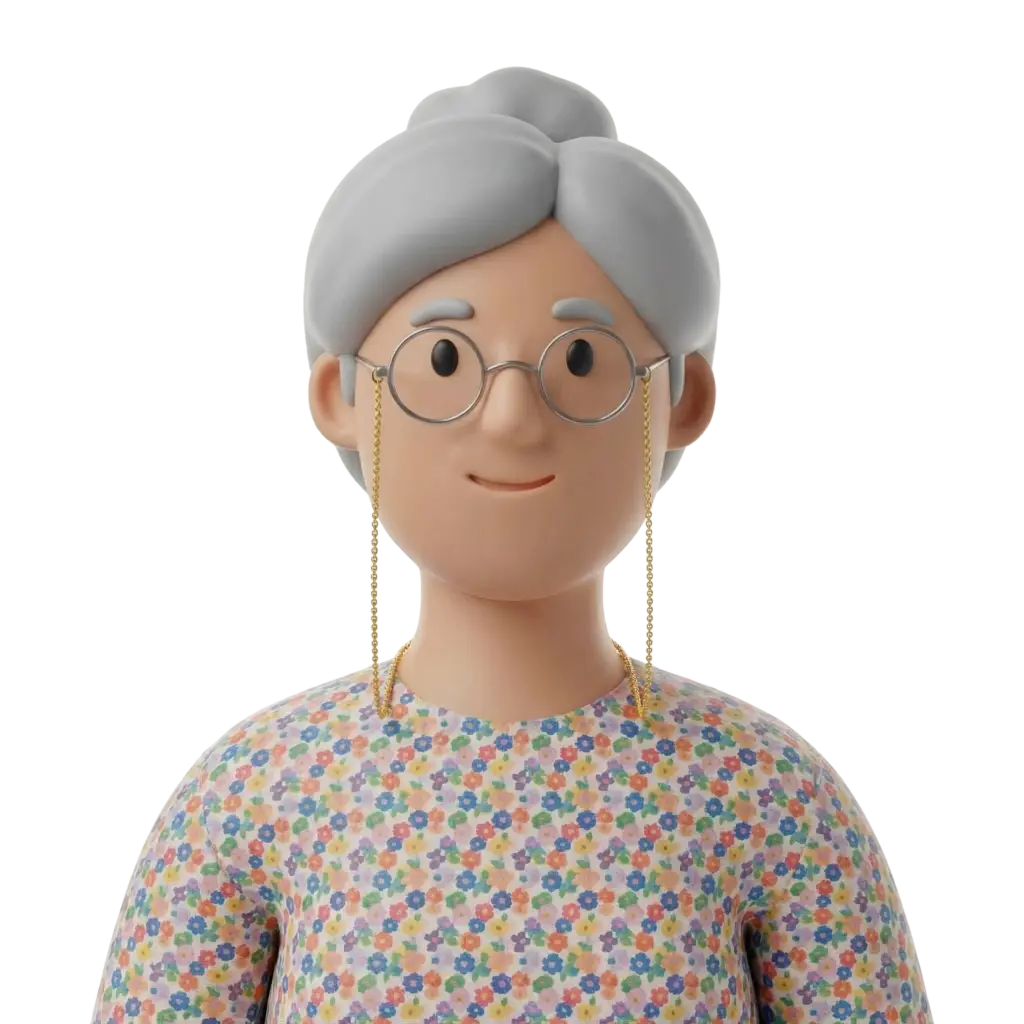 3D portrait bust of an elderly woman with gray hair in a bun, wearing round glasses on a gold chain and a colorful floral sweater. She has a gentle smile and is shown against a neutral isolated background.