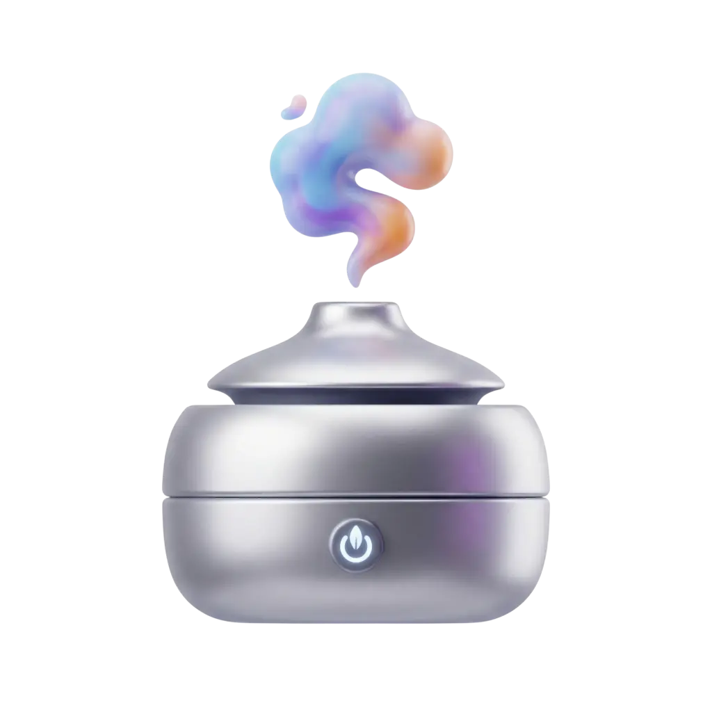 3D render of a small electric bukhoor/incense burner with a rounded, compact shape and a glossy metallic silver finish, featuring a glowing power button on the front and a multicolored pastel smoke plume rising above; isolated on a transparent background.