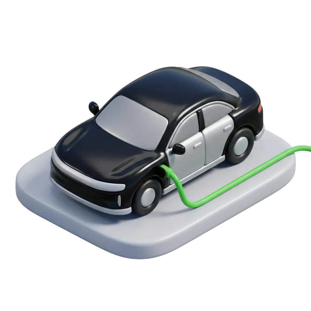 3D render of a stylized compact electric car with glossy black and matte white panels, a bright green charging cable plugged into the side, sitting on a white rounded platform; transparent background.