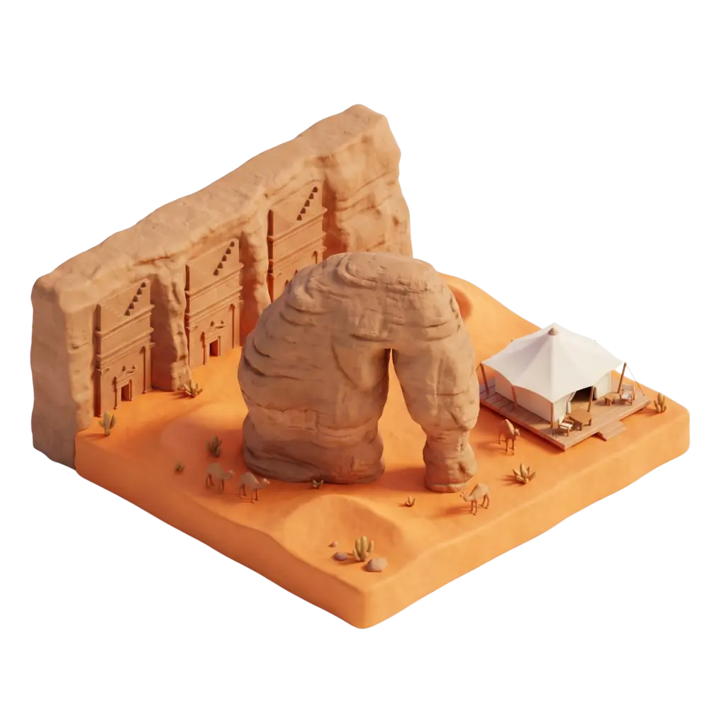 3D render of a stylized diorama showing Elephant Rock, a large elephant-shaped sandstone arch on an orange desert base with small cacti, camels and a white tent. A carved cliff wall with Nabataean tomb facades sits behind the arch; isometric view with warm studio lighting on a black background.