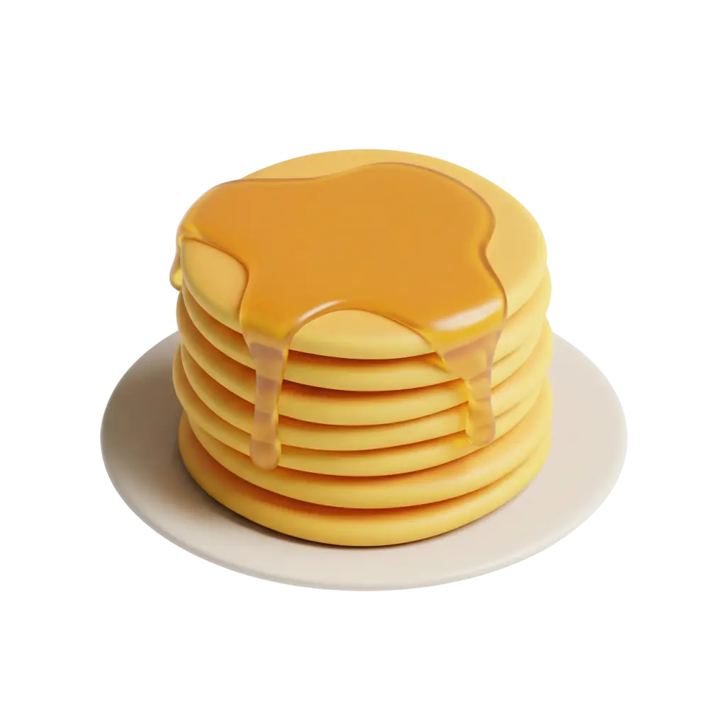 3D render of a tall stack of round yellow pancakes with glossy golden syrup dripping over the top, presented on a white plate against a dark/transparent background.